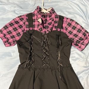 Pink Plaid Cat Dress with Corset Design